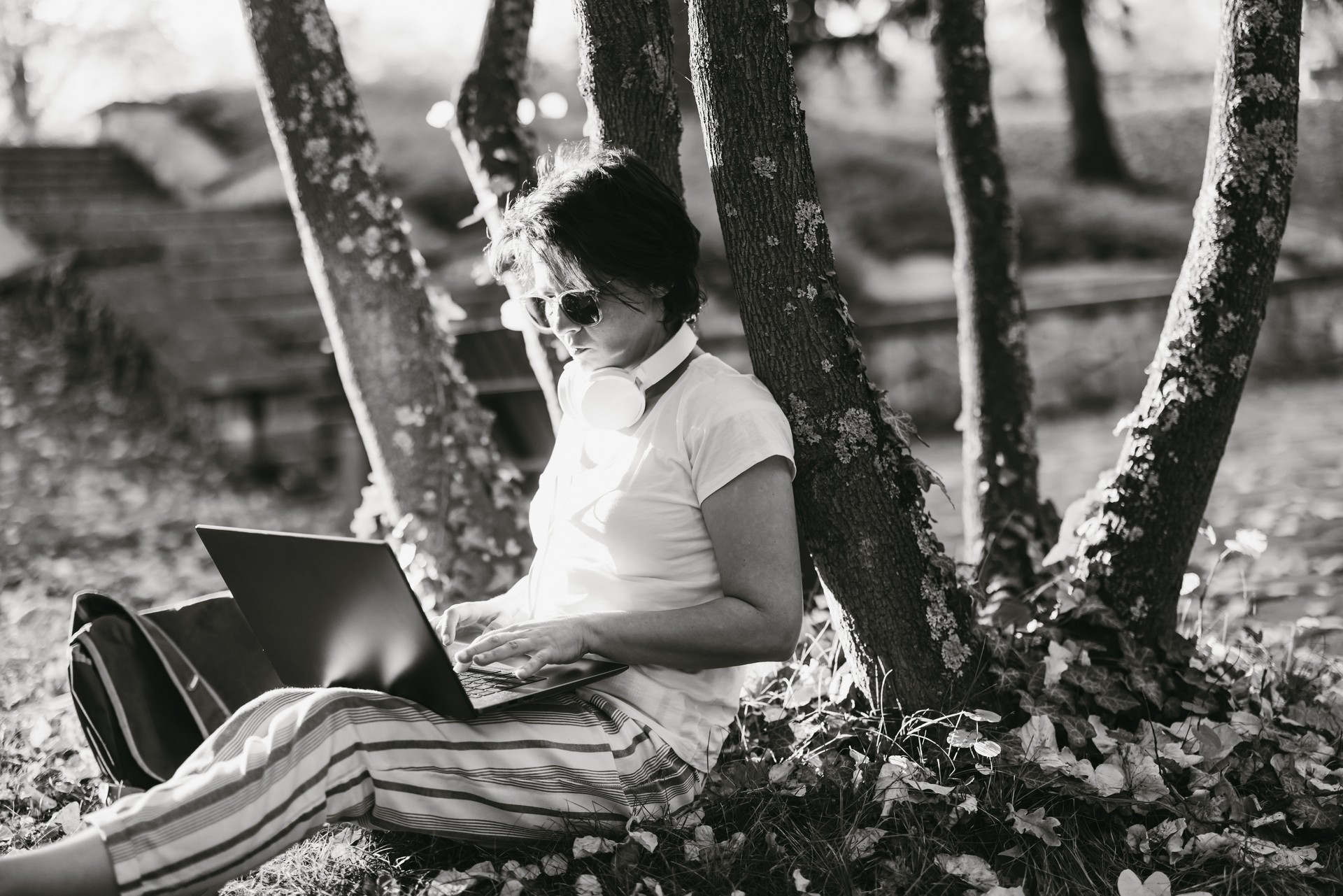 Woman working in autumn nature